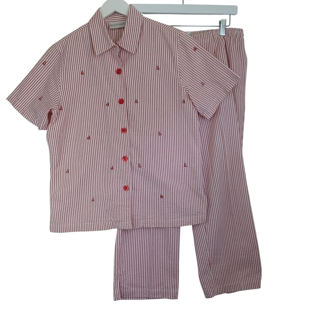 Drapers & Damons Red White Seersucker Striped Sailboat Shirt & Pants Set M L